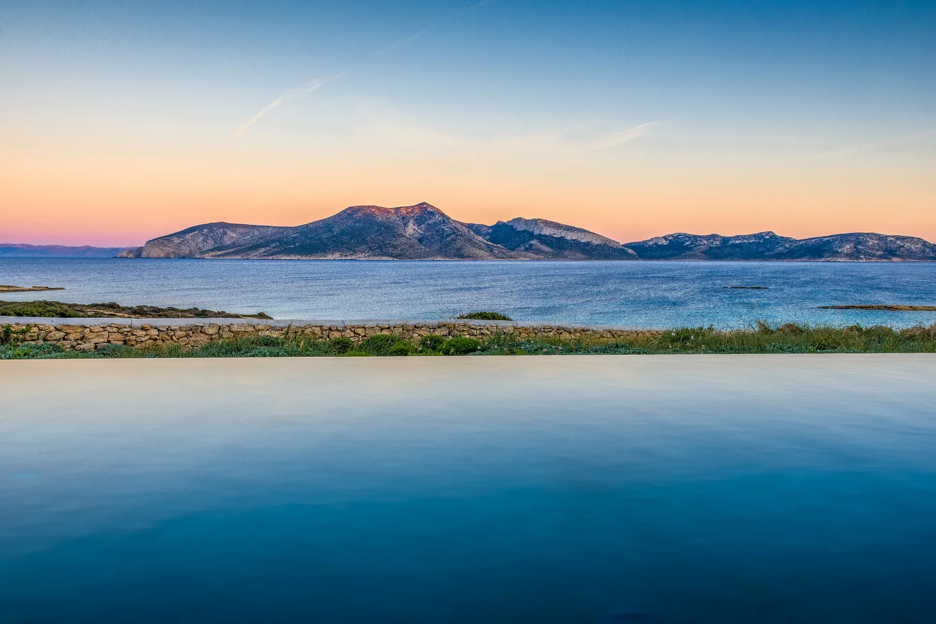 Infinity pool with sea and island views at Rafter Koufonisia Panope in Koufonisia, Greece