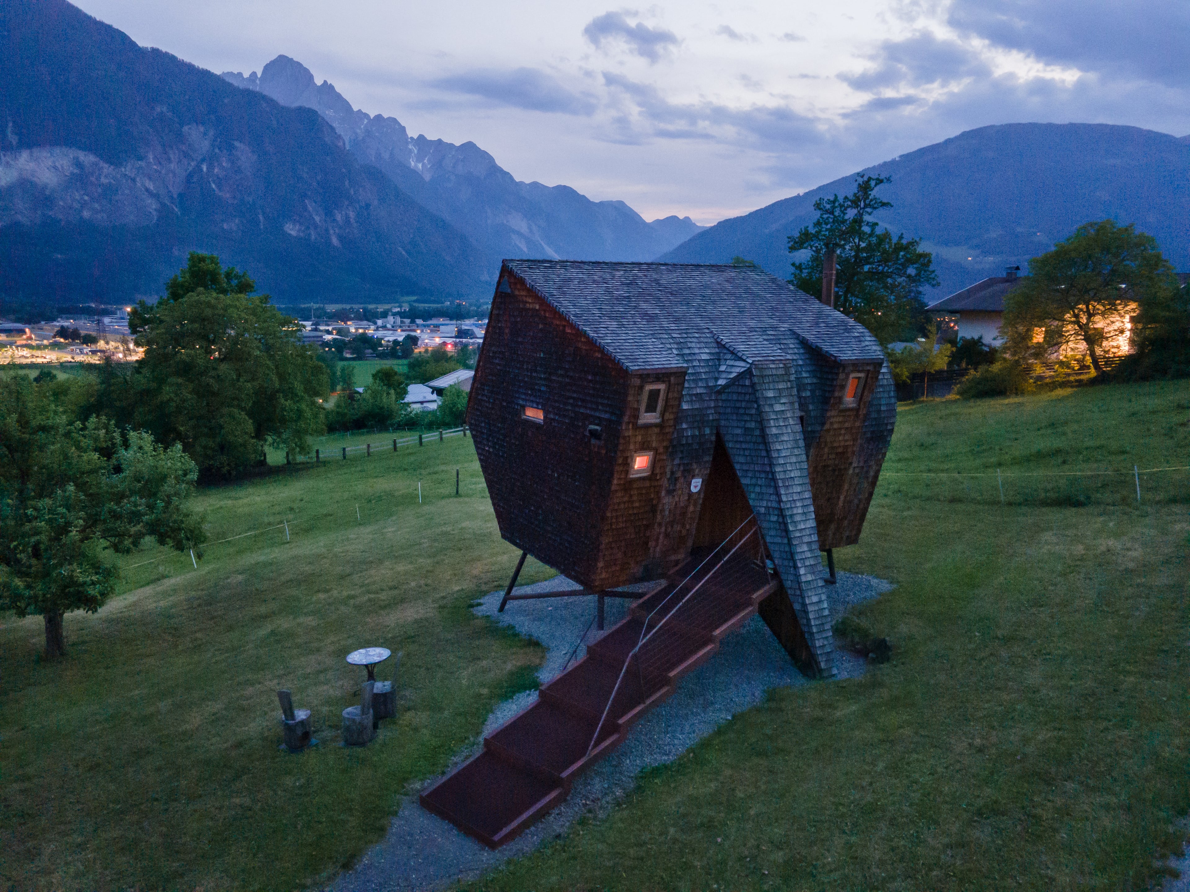 Unique wooden cabin exterior with mountain view at Rafter Ufogel in Nußdorf/Debant, Austria